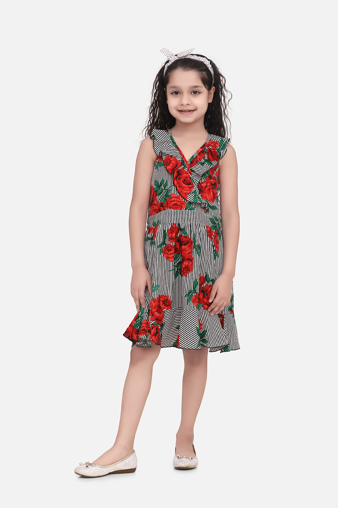 Girl's  Polyester Crepe Rose Print Ruffle Dress With Cross Back Style - StyleStone Kid