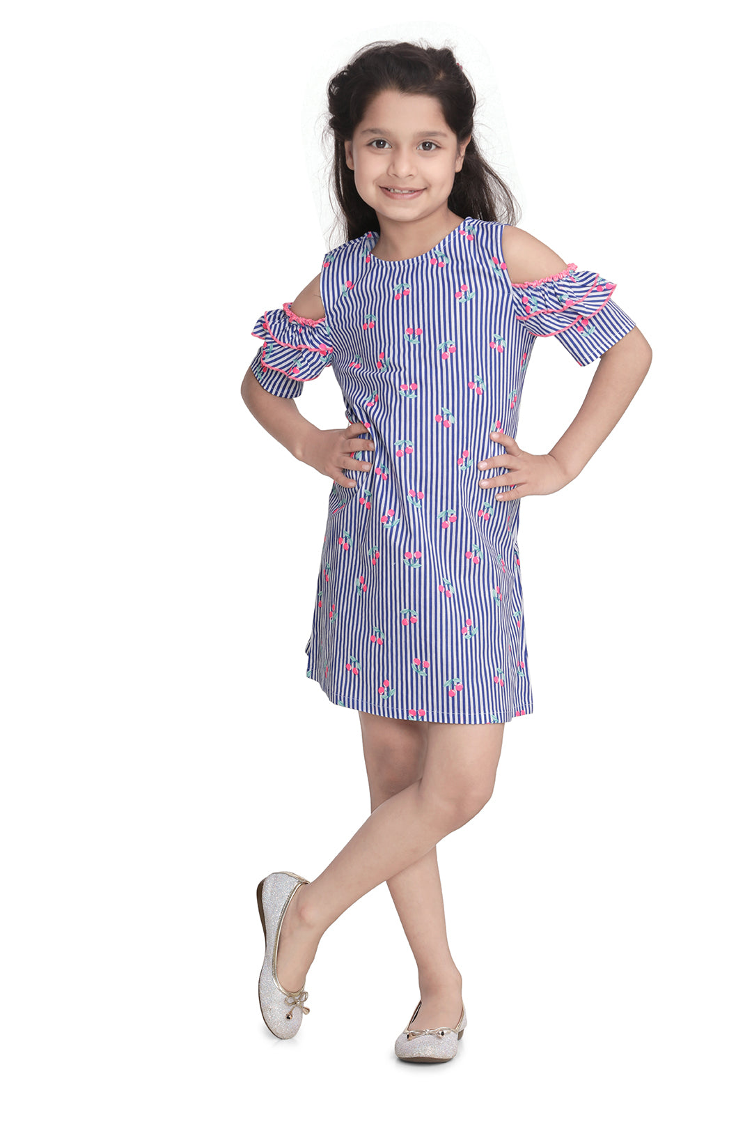 Girl's  Cotton Blue Stripe And Cherry Print Cold Shoulder Dress With Ruffle Sleeve - StyleStone Kid