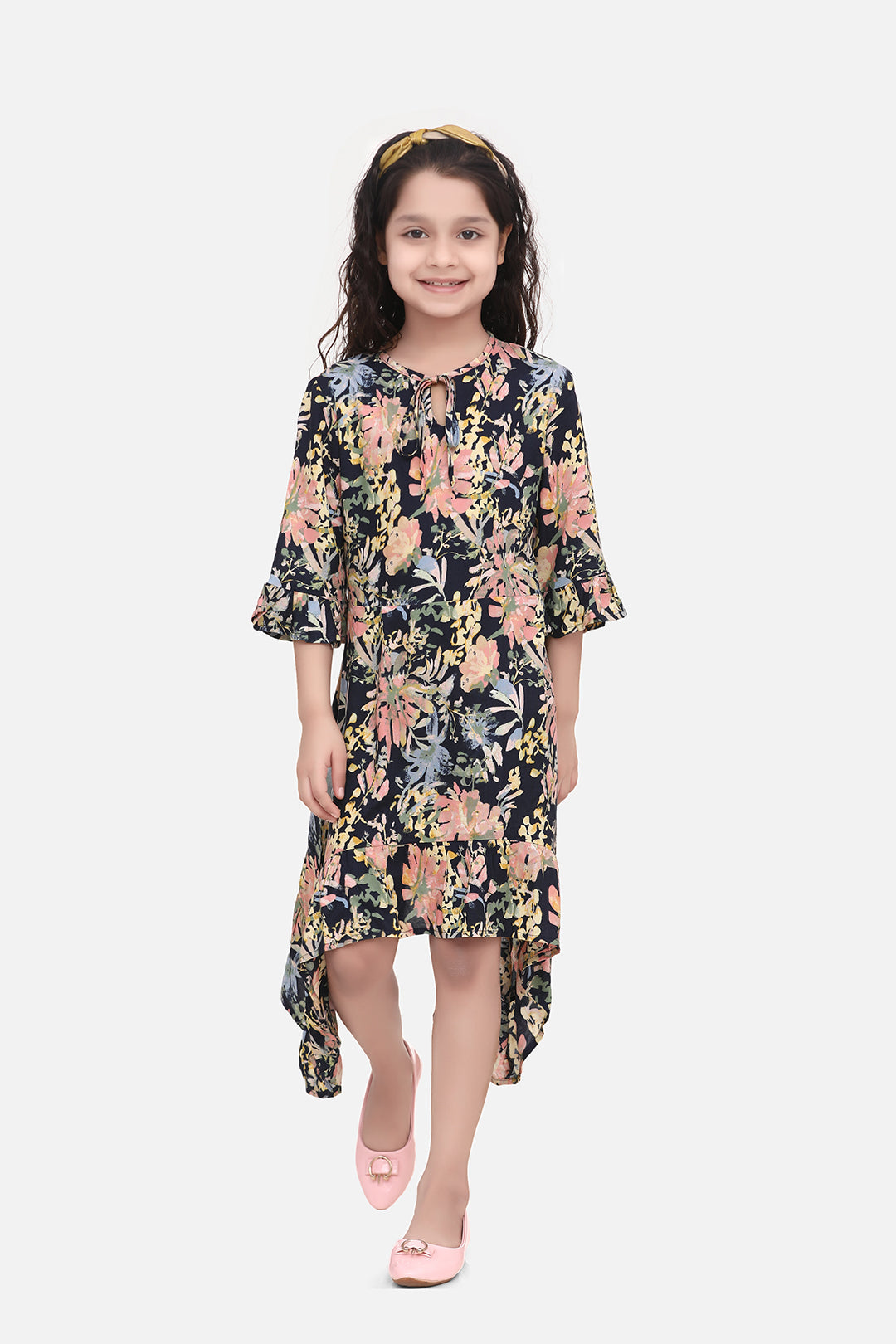 Girl's  Gils Floral Dress With Asymmetric Hemline - StyleStone Kid