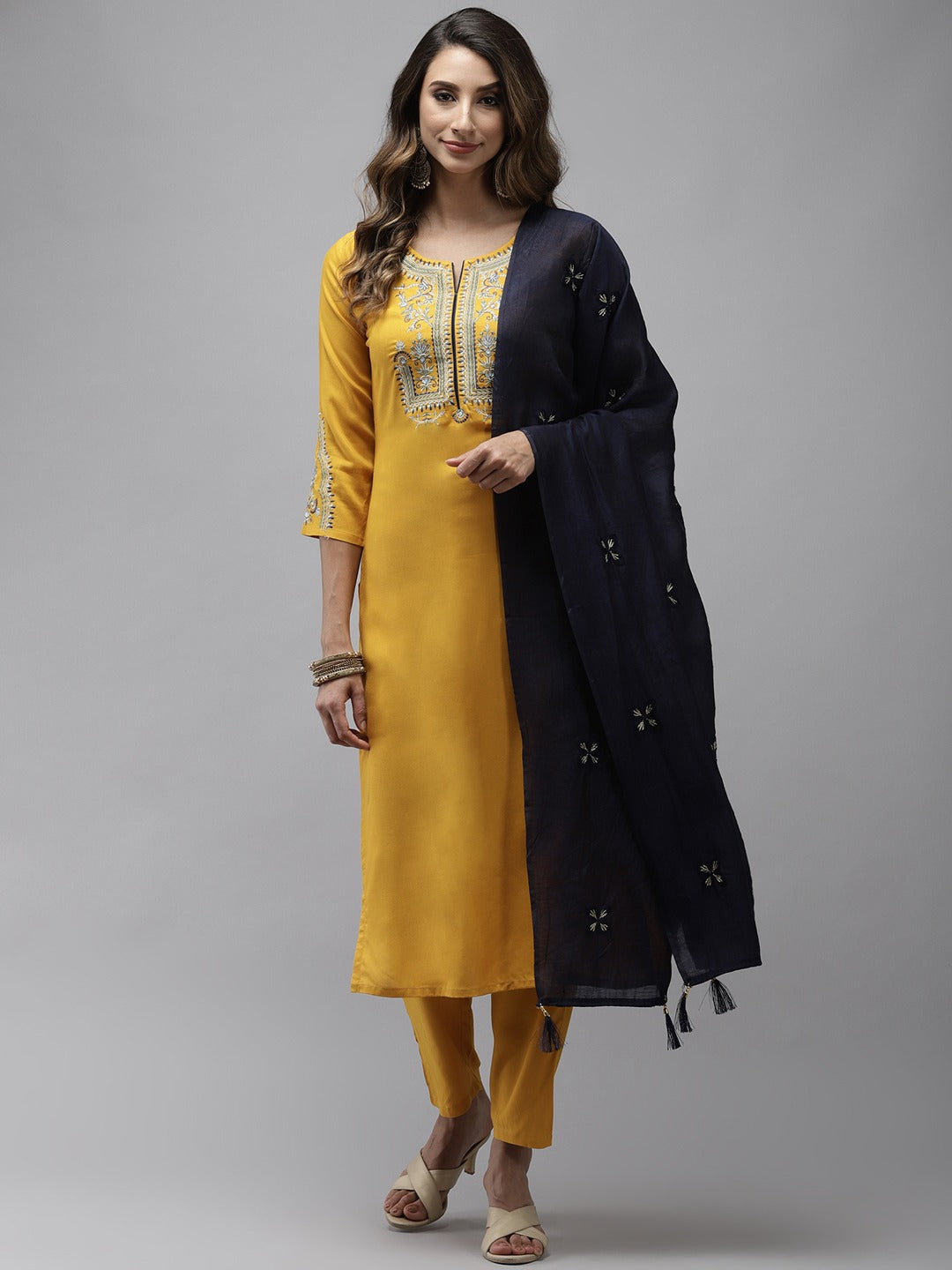 Women's Yellow Floral Embroidered Regular Kurta With Palazzos & With Dupatta - Yufta