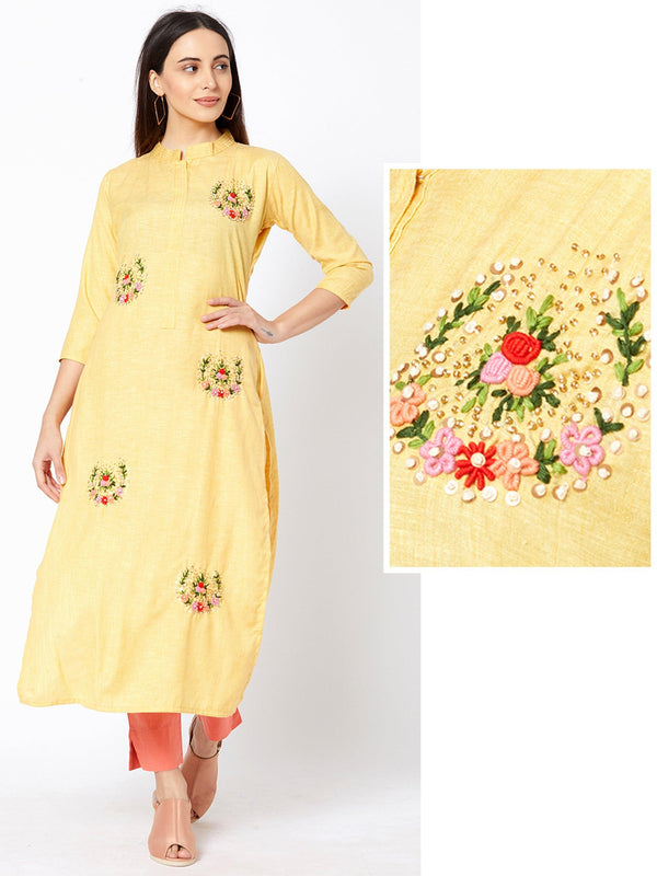 Bullion Floral Embroidered Straight Kurta - Yellow - Indiakreations