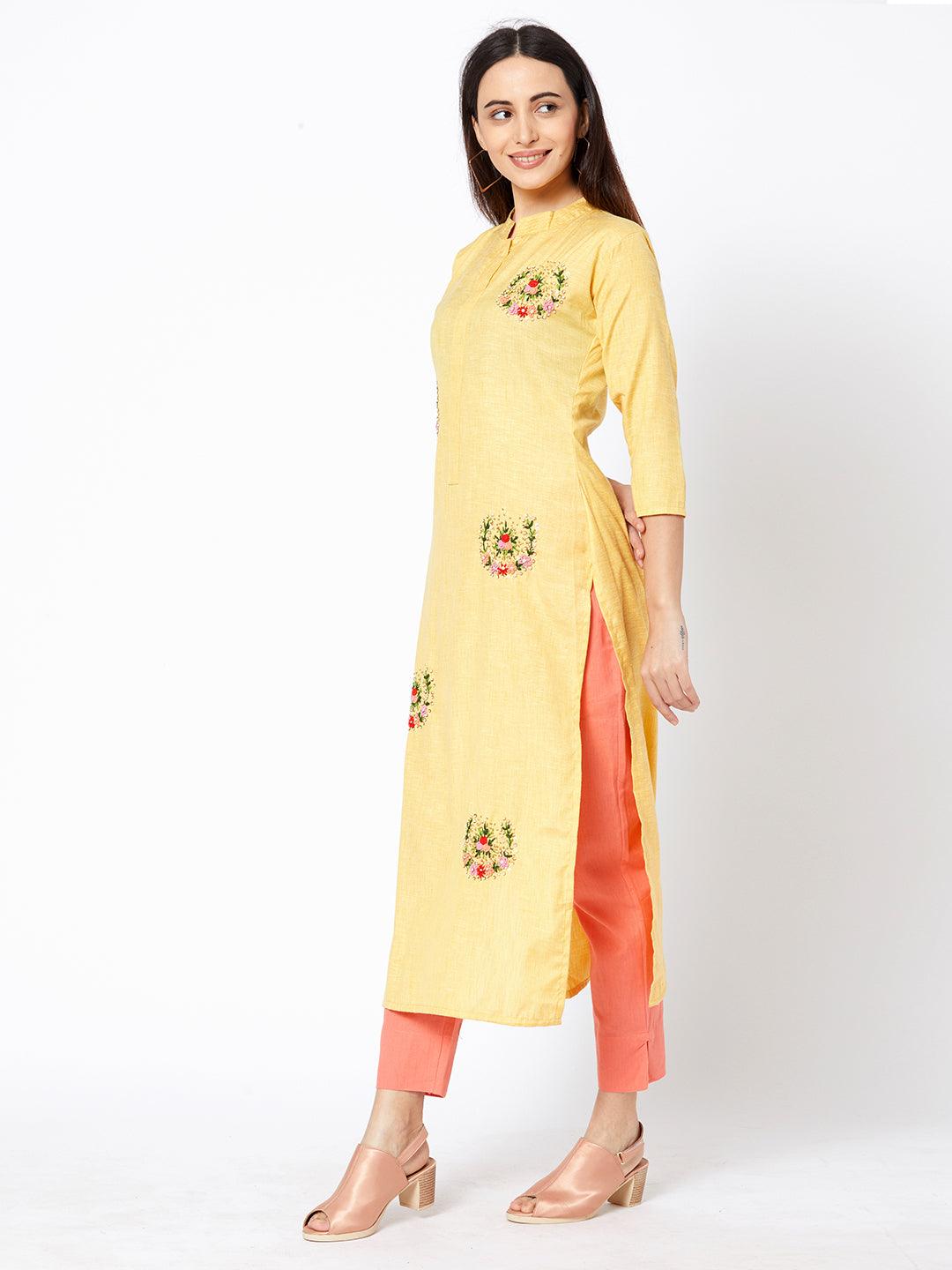 Bullion Floral Embroidered Straight Kurta - Yellow - Indiakreations