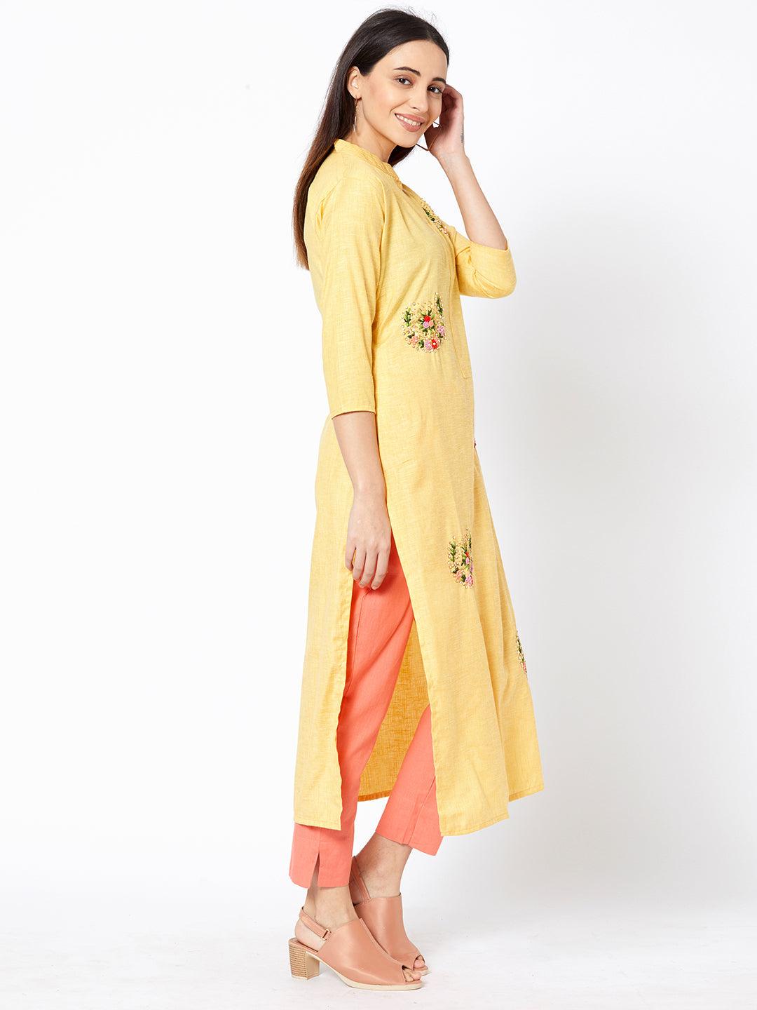 Bullion Floral Embroidered Straight Kurta - Yellow - Indiakreations