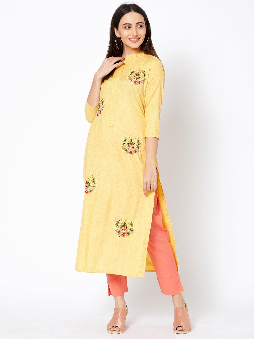 Bullion Floral Embroidered Straight Kurta - Yellow - Indiakreations