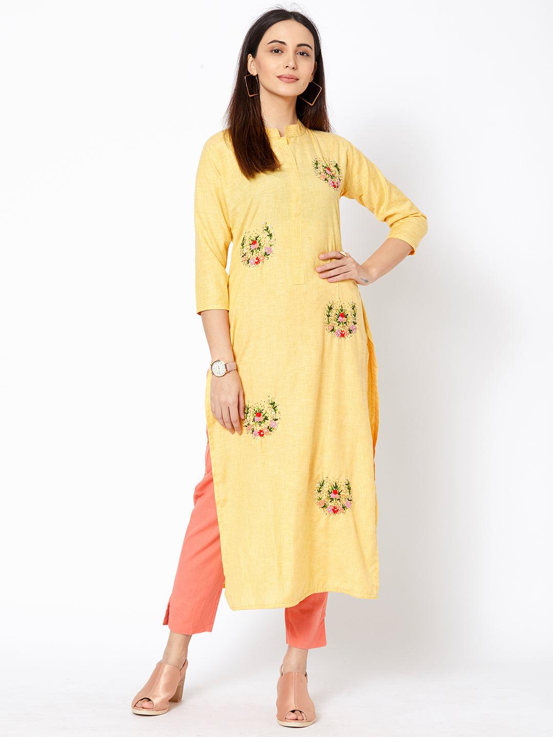 Bullion Floral Embroidered Straight Kurta - Yellow - Indiakreations