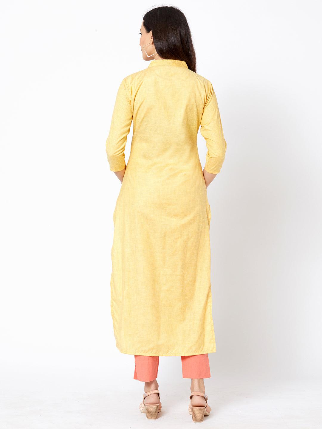 Bullion Floral Embroidered Straight Kurta - Yellow - Indiakreations