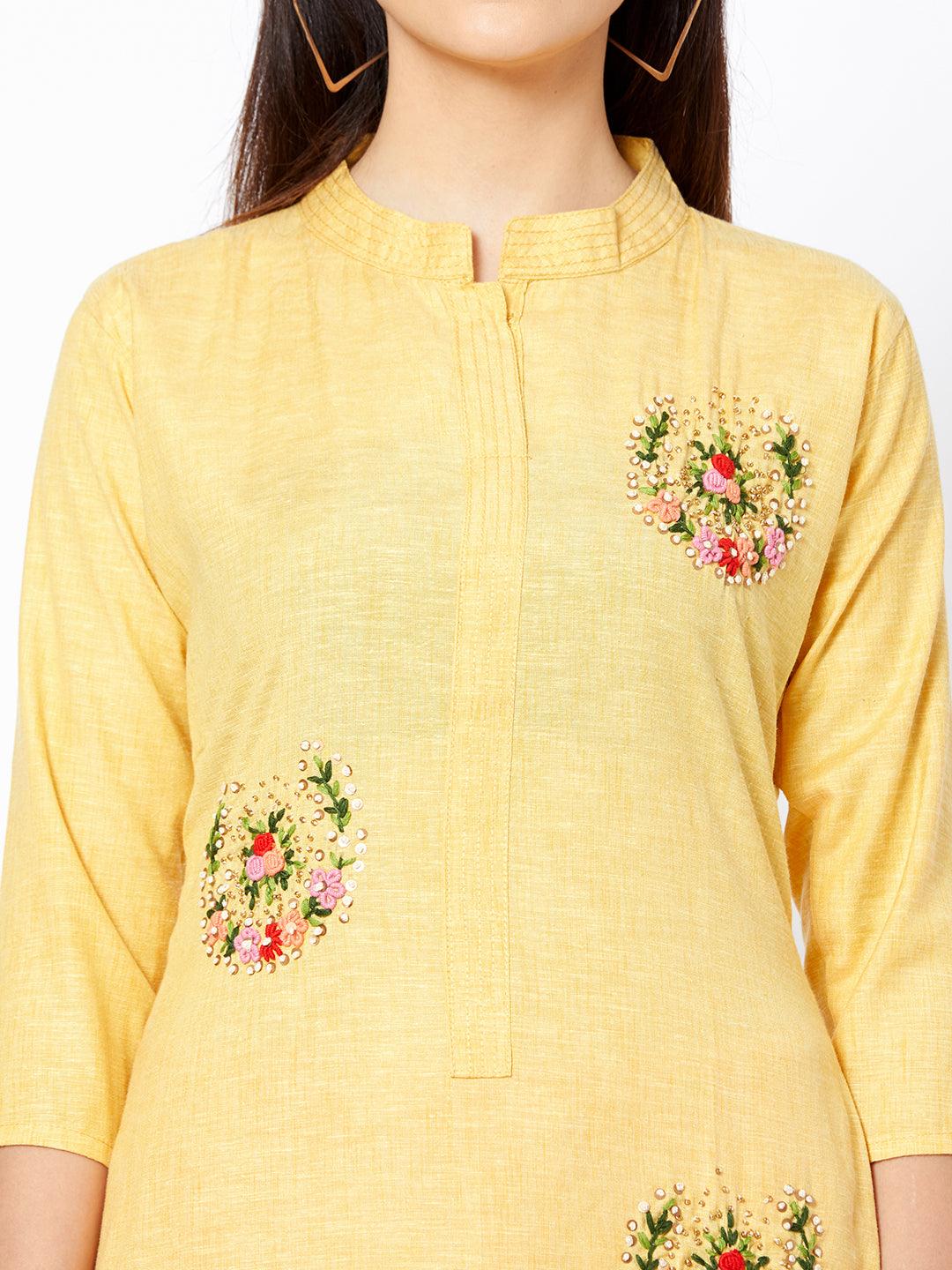 Bullion Floral Embroidered Straight Kurta - Yellow - Indiakreations