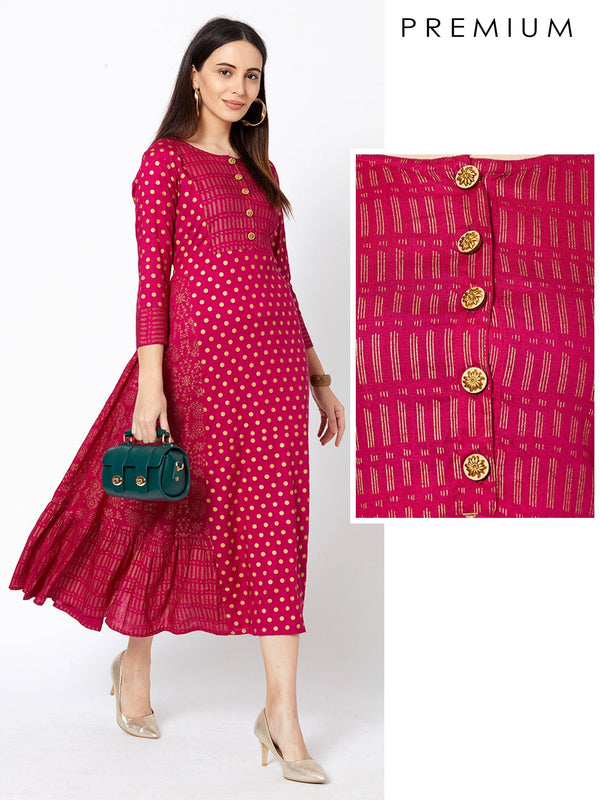 Foil Polka Dotted & Floral Printed Maxi – Rani Pink - Indiakreations