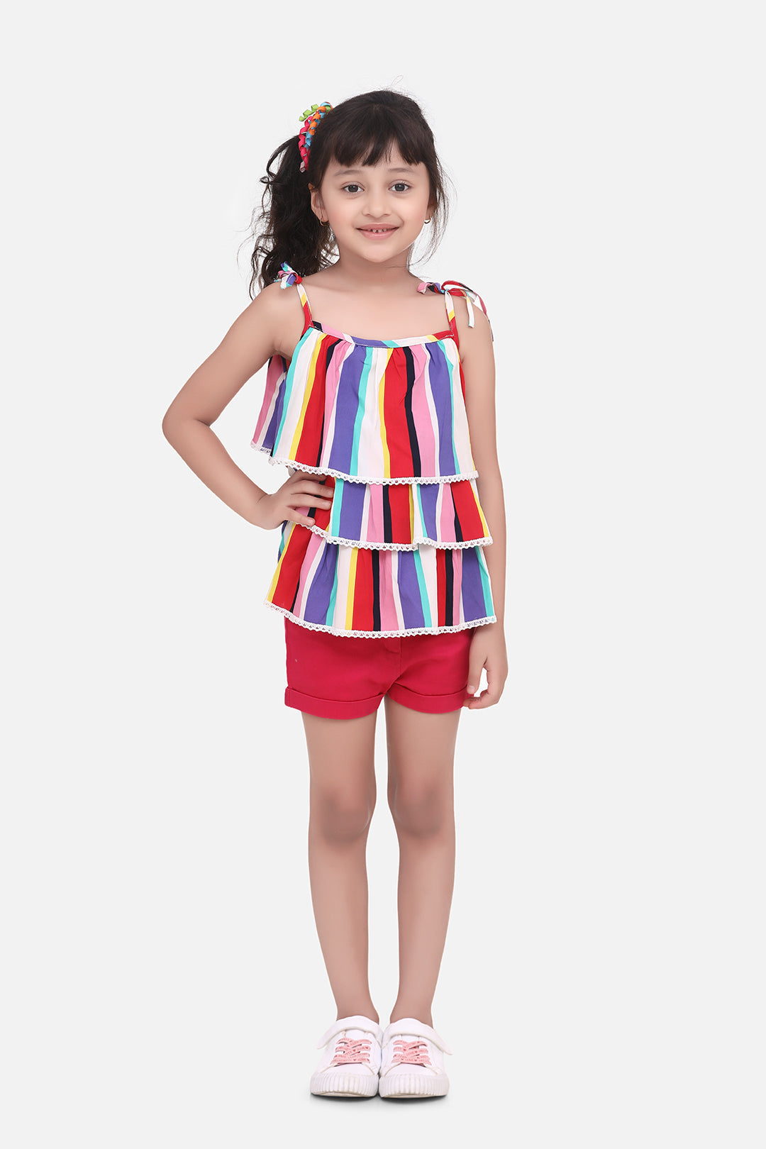 Girl's Rainbow Striped Top With Pink Shorts Set - StyleStone Kid