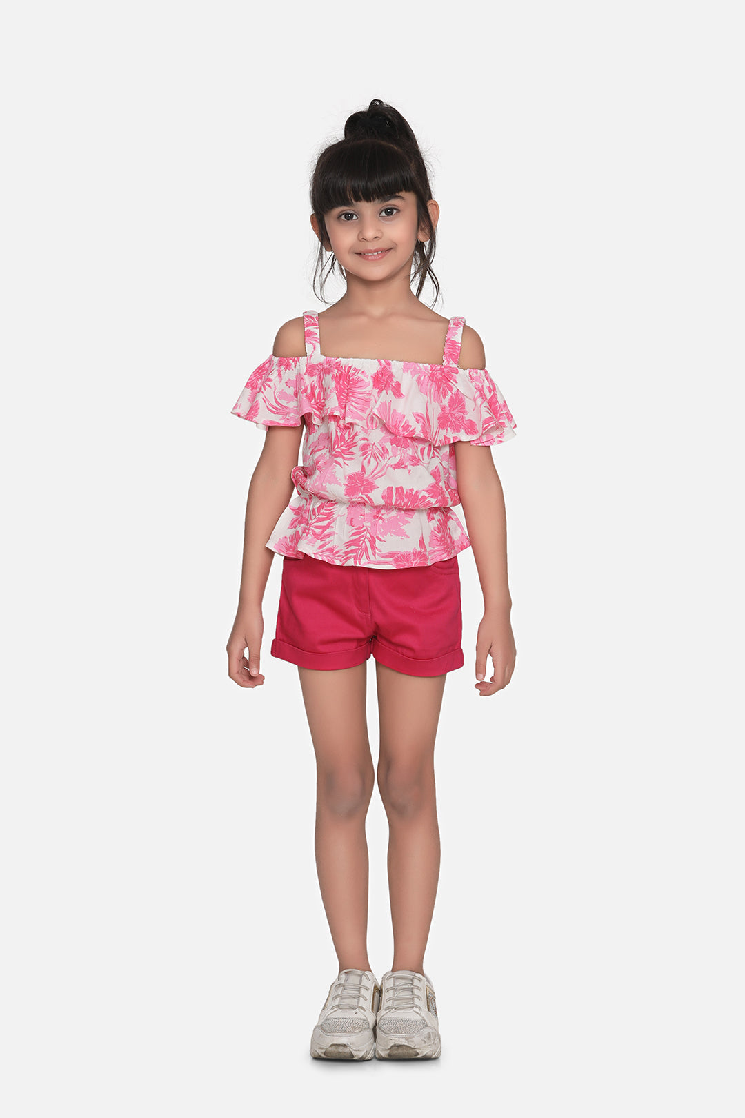 Girl's Pink Cotton Top And Shorts Set - StyleStone Kid