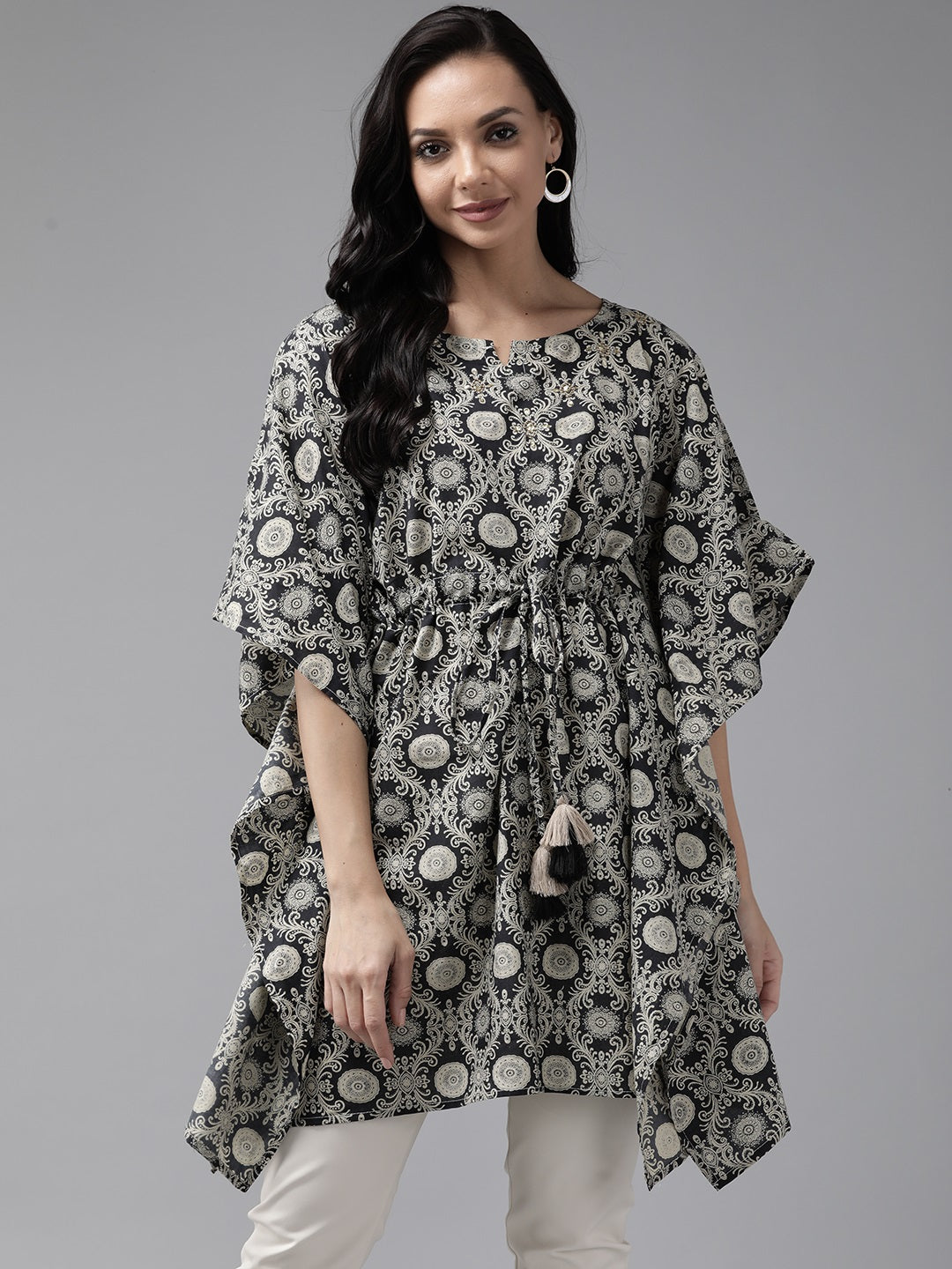 Women's Black & Beige Printed Kaftan Kurta - Yufta