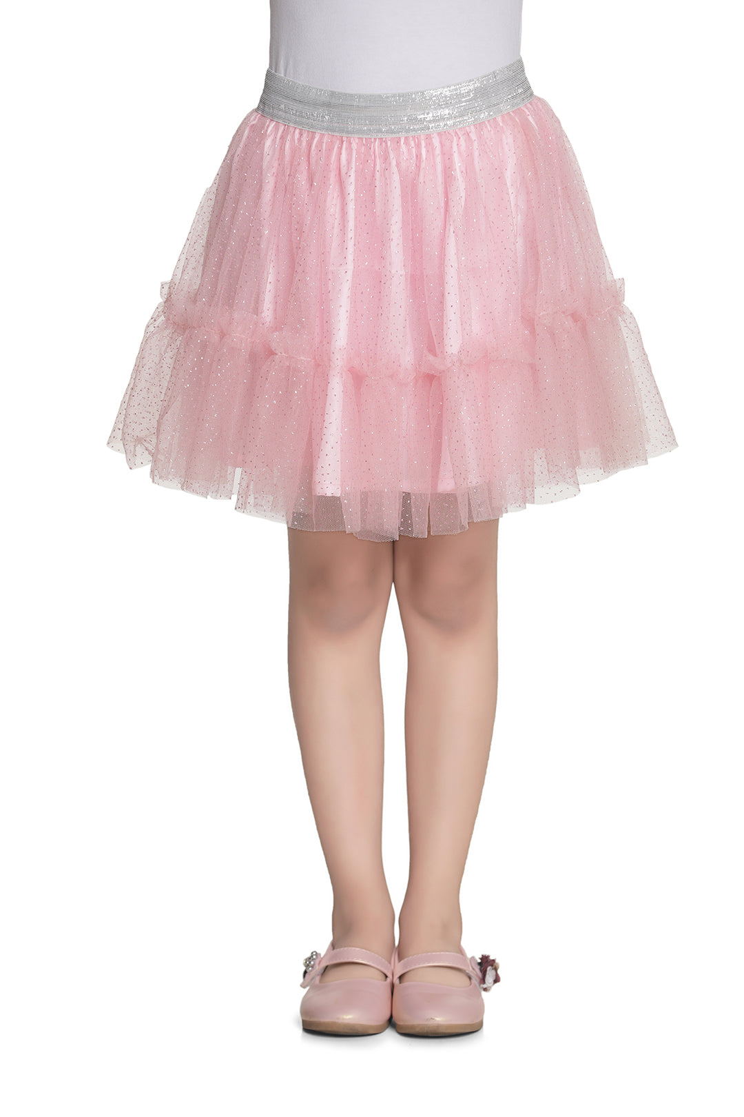 Girl's Glitter Pink Net Skirt With Silver Elastic Waist - StyleStone Kid