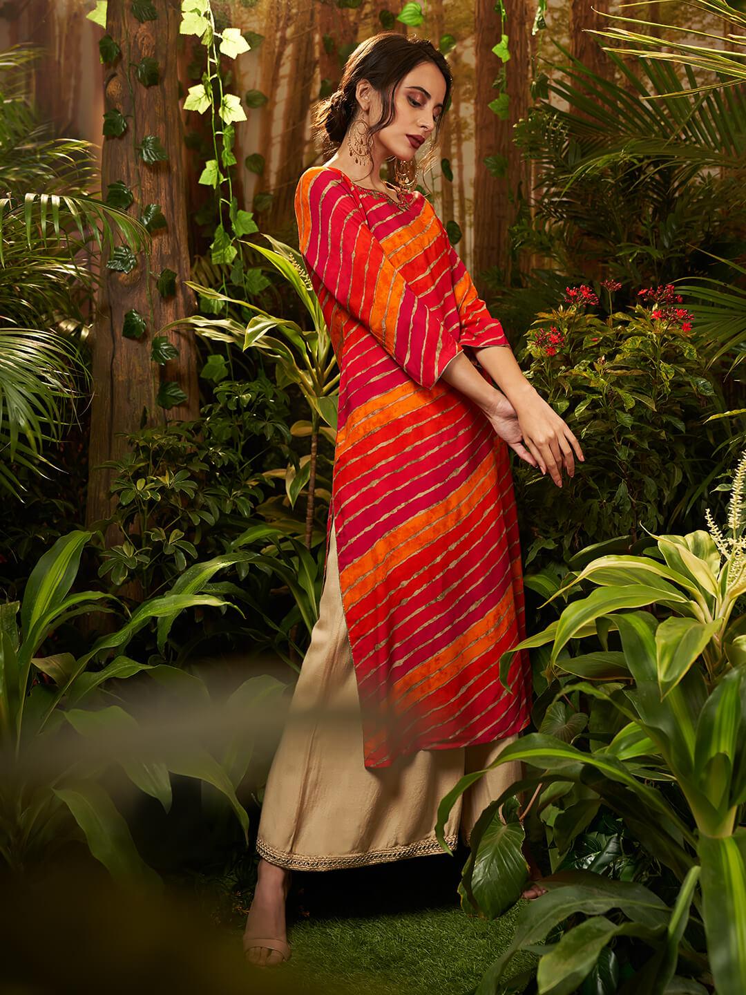 Multi Color Foil Leheriya Printed Kurta - Indiakreations