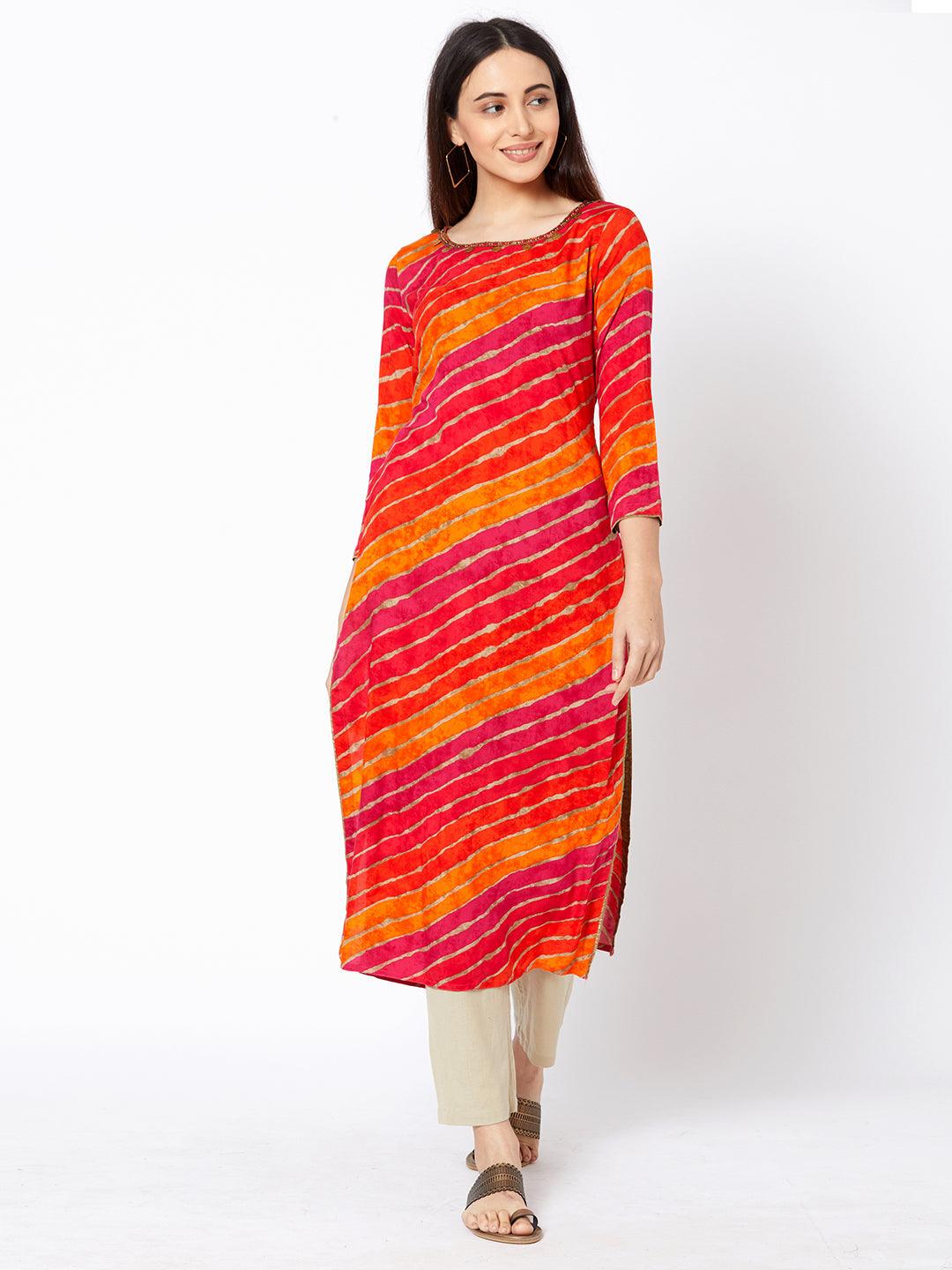 Multi Color Foil Leheriya Printed Kurta - Indiakreations