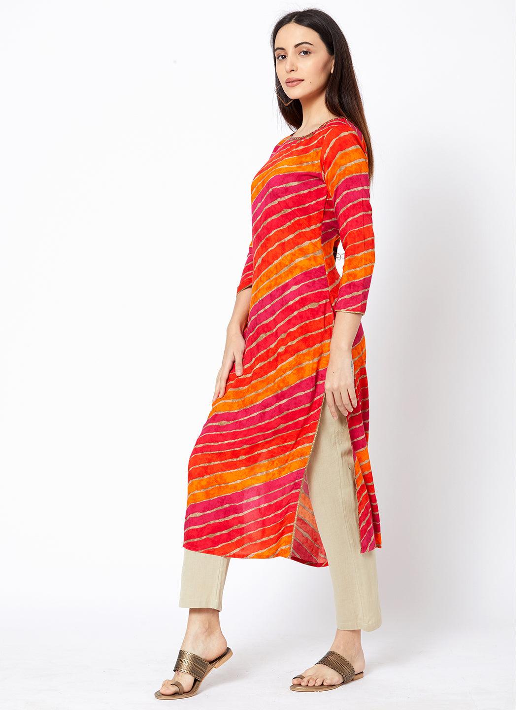 Multi Color Foil Leheriya Printed Kurta - Indiakreations