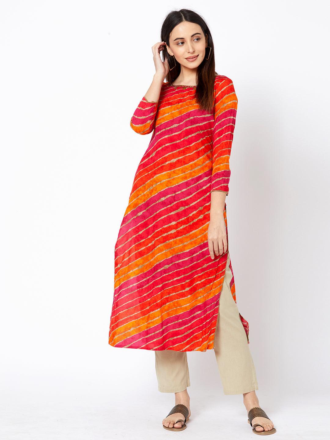 Multi Color Foil Leheriya Printed Kurta - Indiakreations