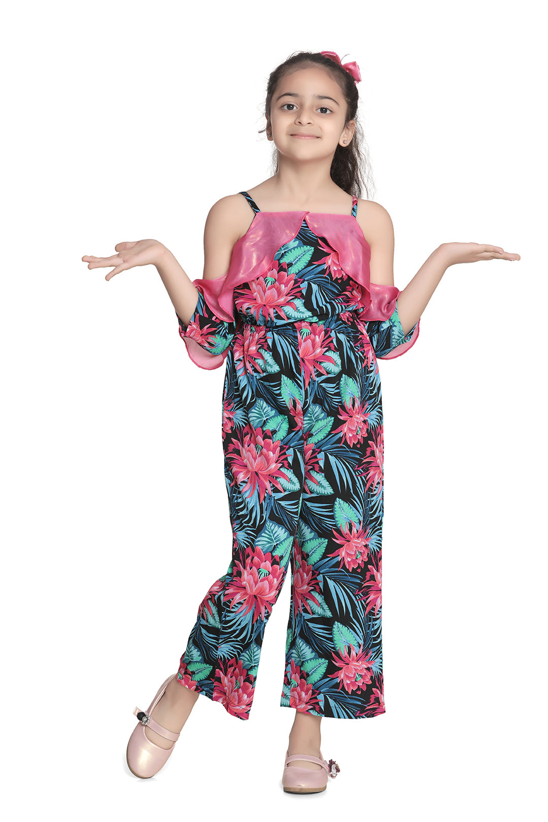 Girl's Floral Jumpsuit With Pink Off Shoulder Ruffle - StyleStone Kid