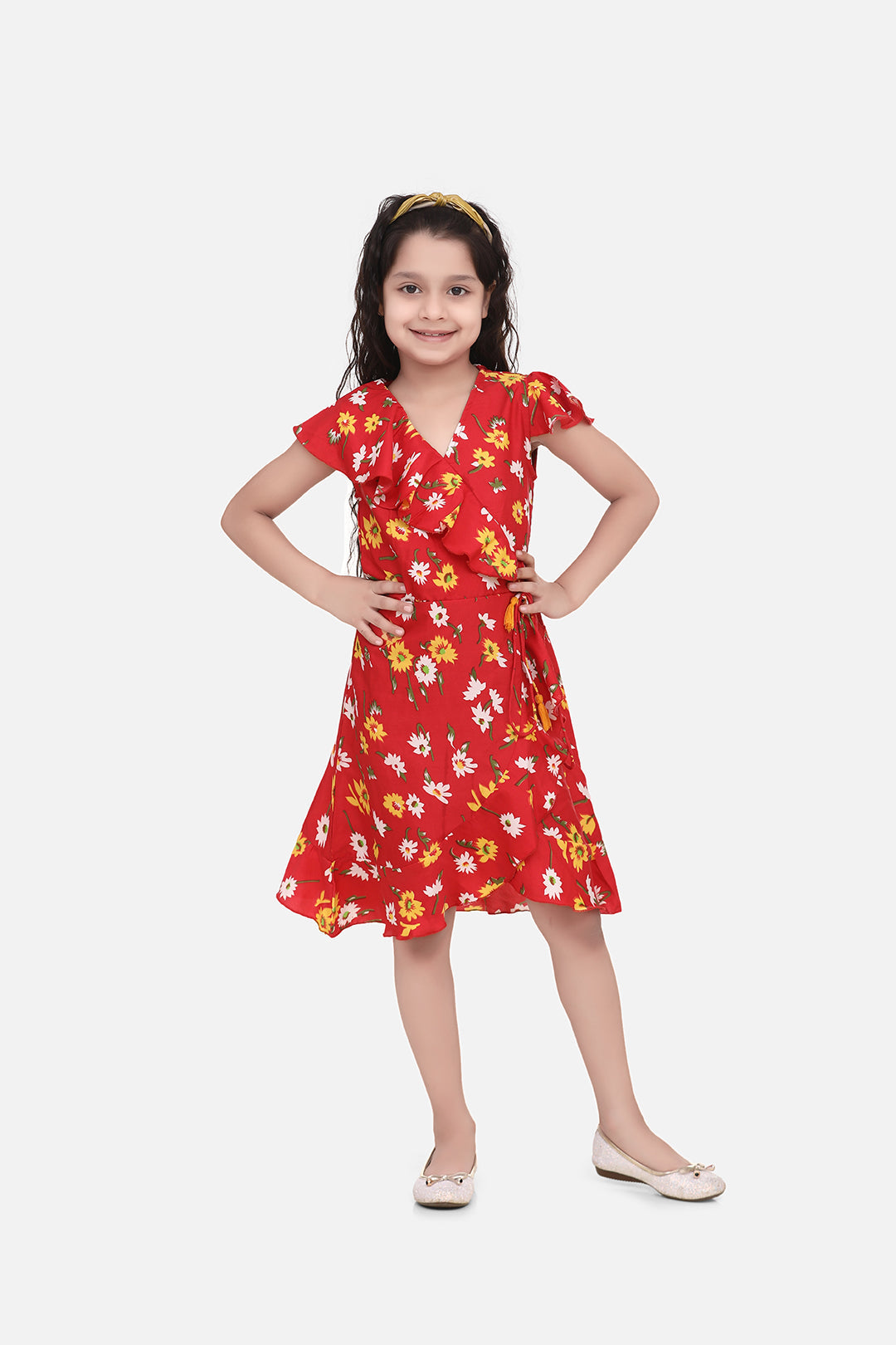 Girl's  Red Floral Polyester Crepe Dress With Ruffle - StyleStone Kid