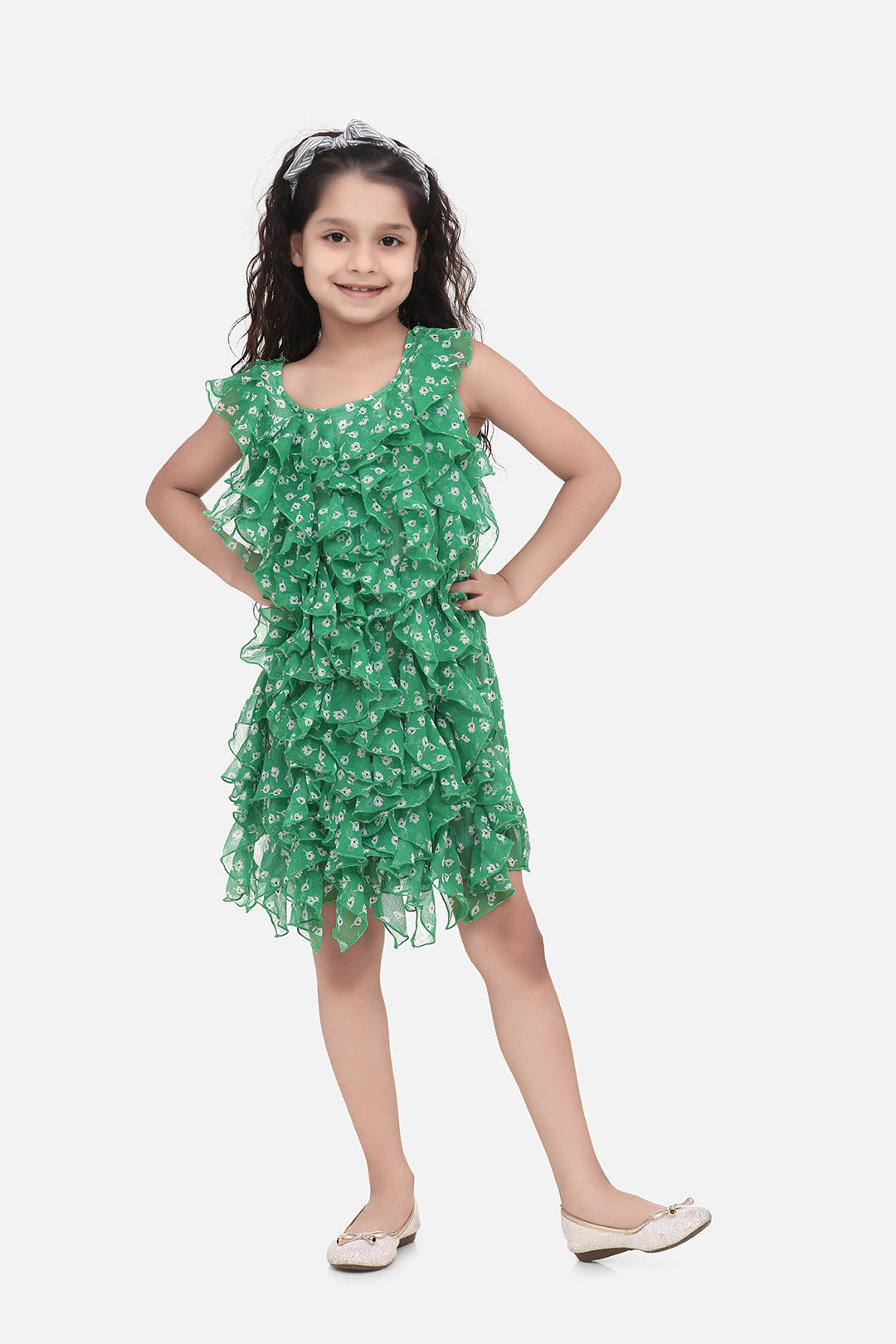 Girl's  Girls Green Chiffon Printed Ruffle Dress - StyleStone Kid