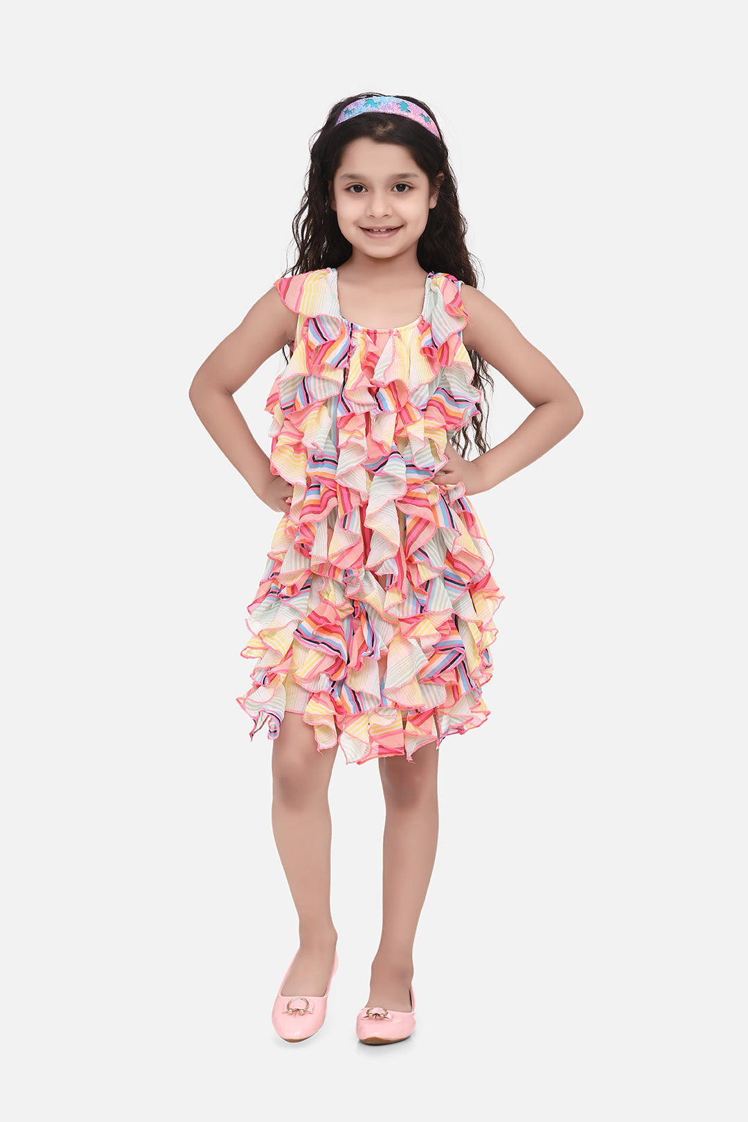 Girl's  Girls Multicolour Georgette Printed Ruffle Dress - StyleStone Kid