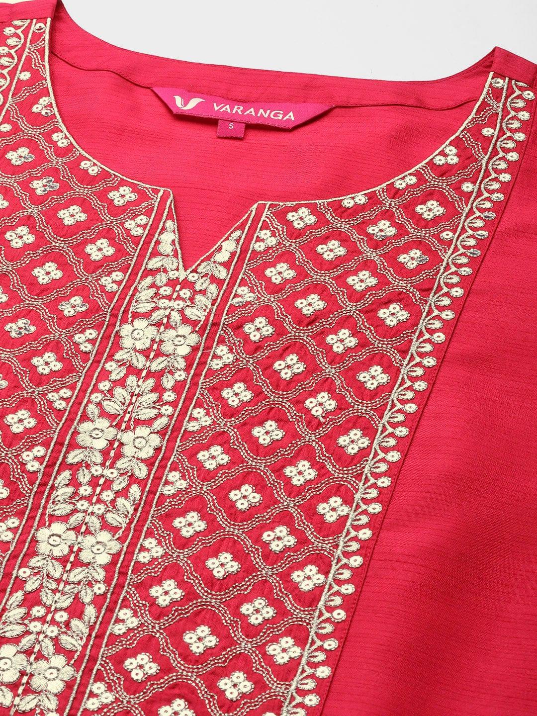 Varanga Women Pink Ethnic Motifs Embroidered Sequinned Kurta with Trousers & With Dupatta - Indiakreations