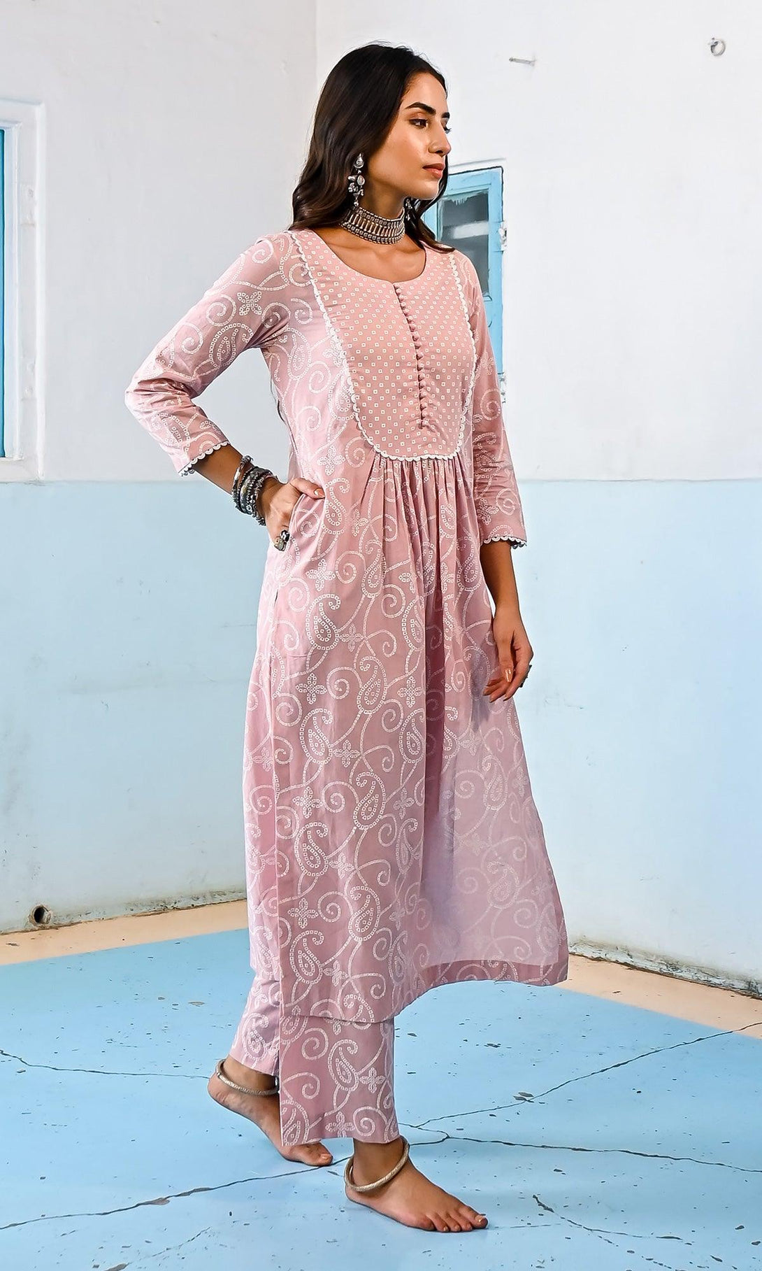 Zahrah 2.0 Dusty pink yoke kurta set - set of 3 - Indiakreations