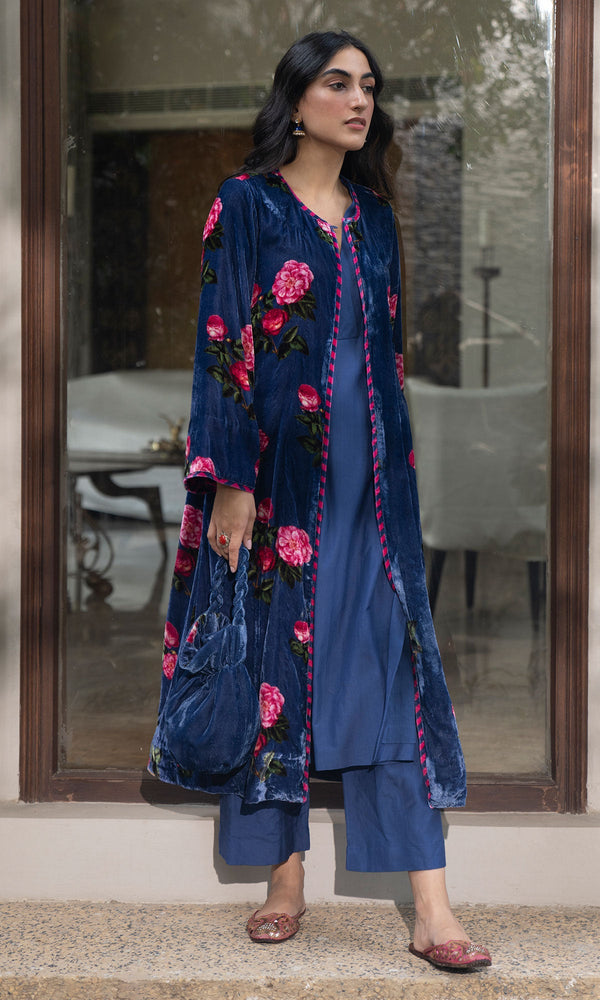 Bareen Silk velvet floral Blue jacket with Kurta and palazzo - Set of 3