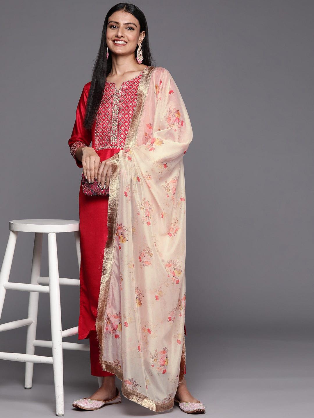 Varanga Women Pink Ethnic Motifs Embroidered Sequinned Kurta with Trousers & With Dupatta - Indiakreations