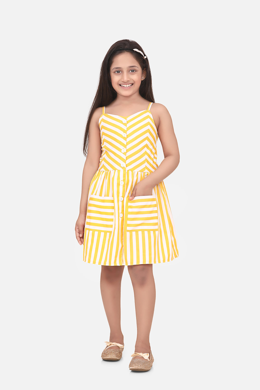 Girl's  Cotton Blend Yellow Stripe Dress - StyleStone Kid