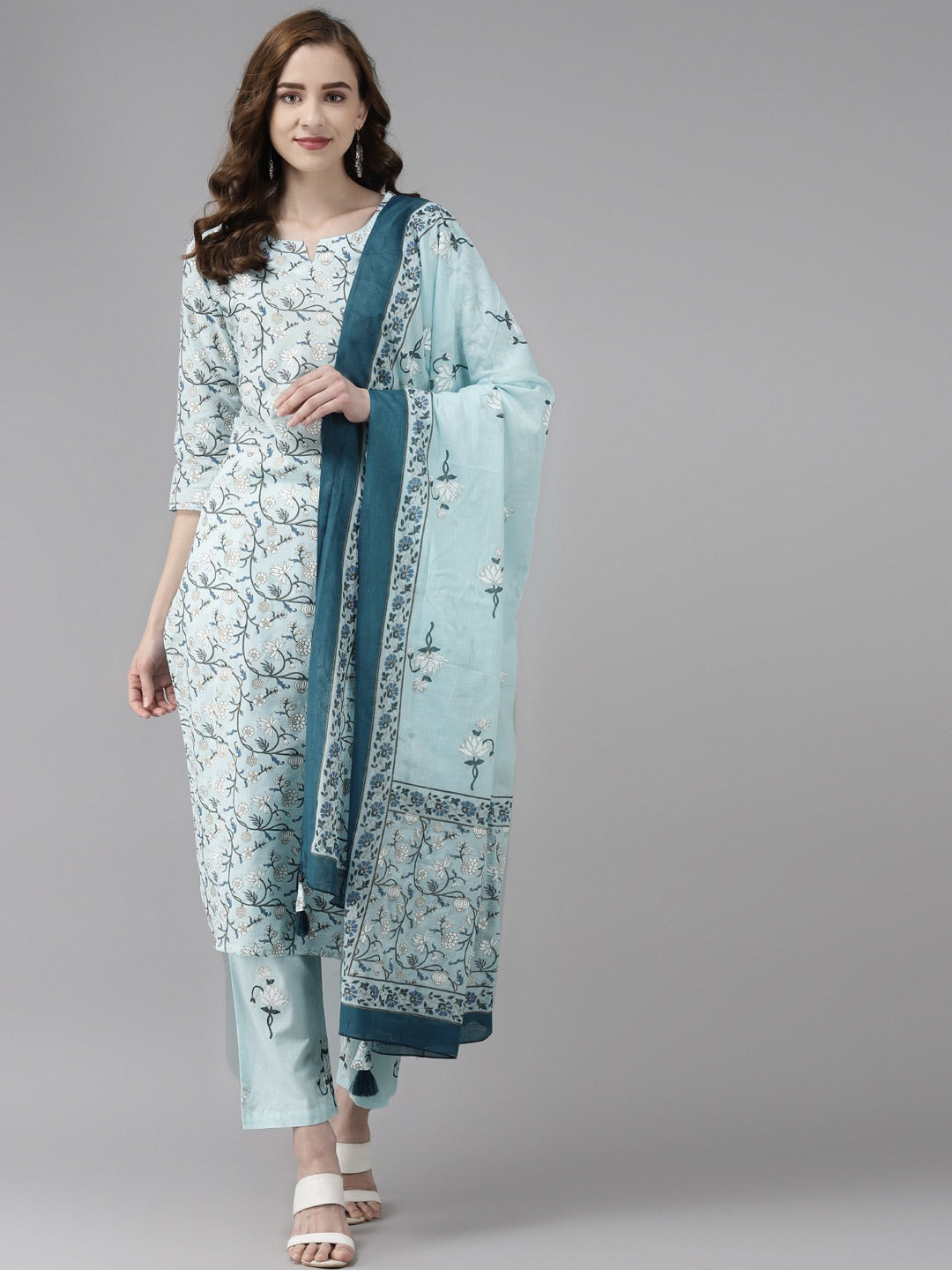 Women's Blue & White Floral Printed Pure Cotton Kurta With Trousers & Dupatta - Yufta