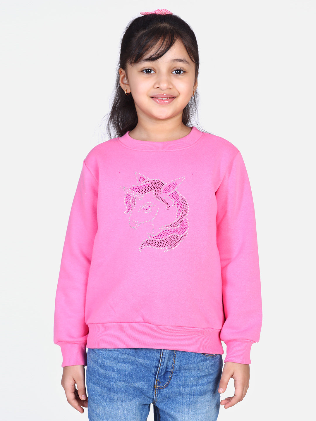 Girl's  Pink Crystal Unicorn Embellished Winter Sweatshirt - StyleStone Kid