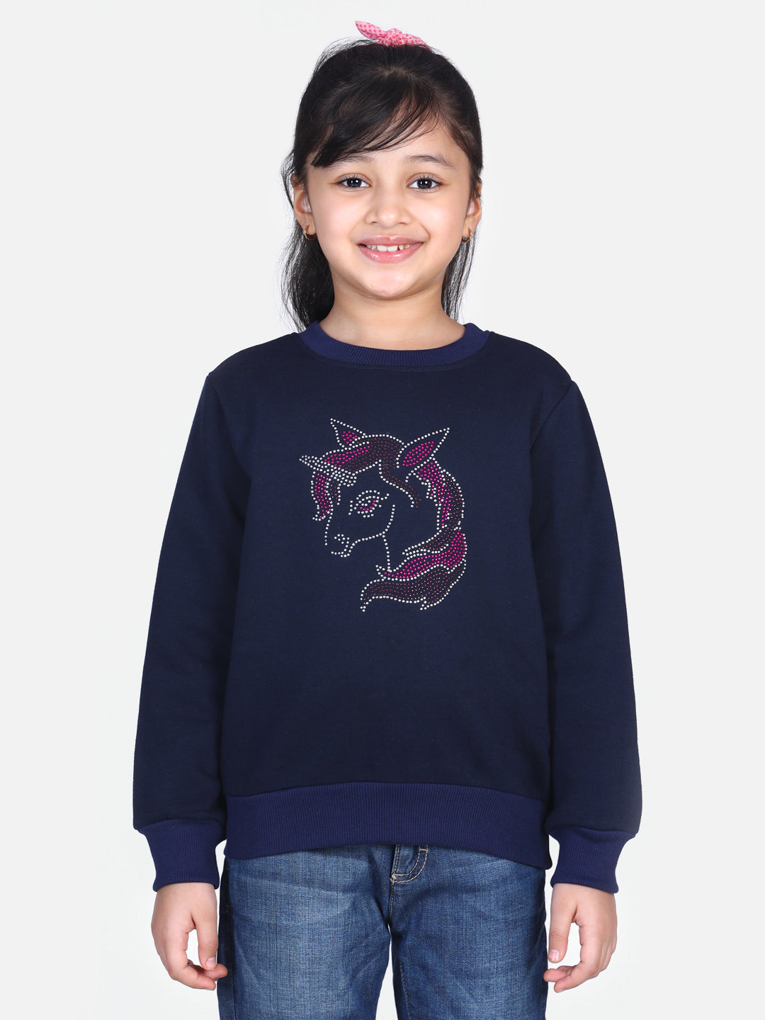 Girl's  Navy Crystal Unicorn Embellished Winter Sweatshirt - StyleStone Kid