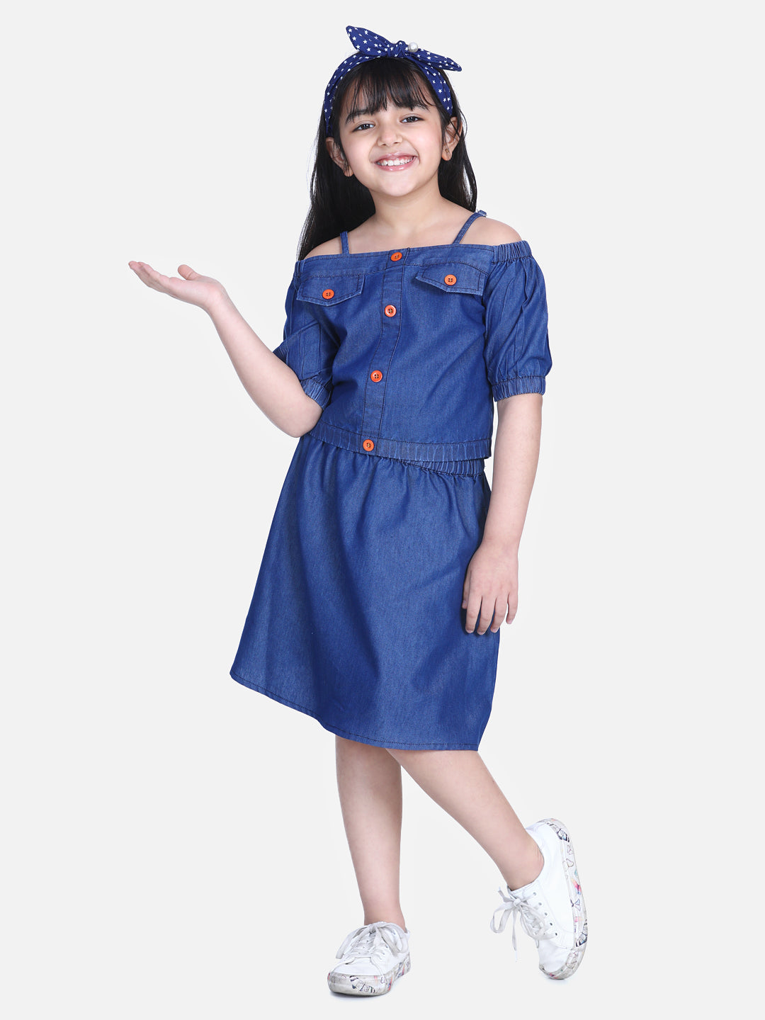 Girl's  Navy Blue Denim Top And Skirt Set - StyleStone Kid