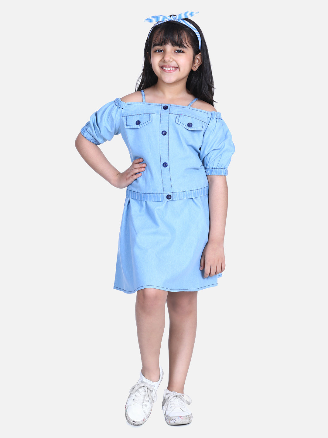 Girl's  Ice Blue Denim Top And Skirt Set - StyleStone Kid