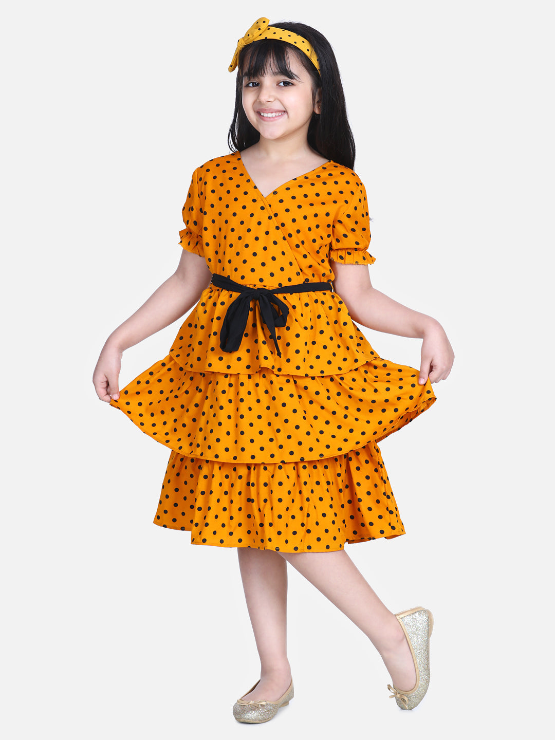 Girl's  Orange Polka Multi Tier Dress With Belt  - StyleStone Kid