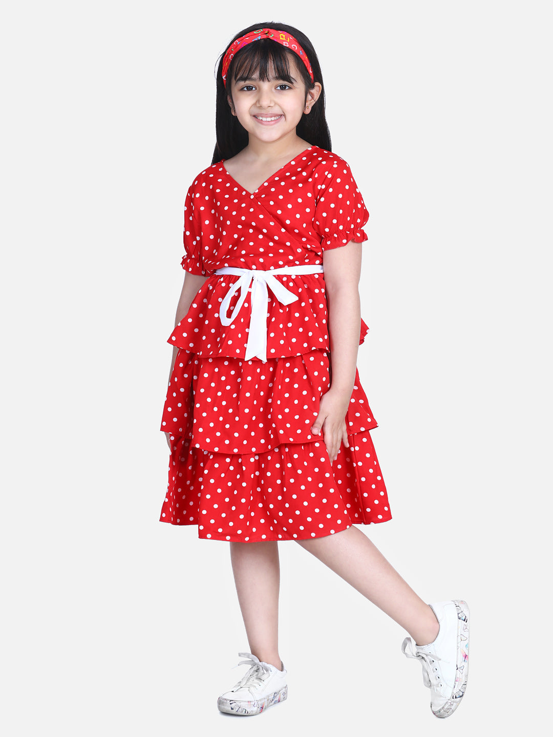 Girl's  Red Polka Multi Tier Dress With Belt  - StyleStone Kid