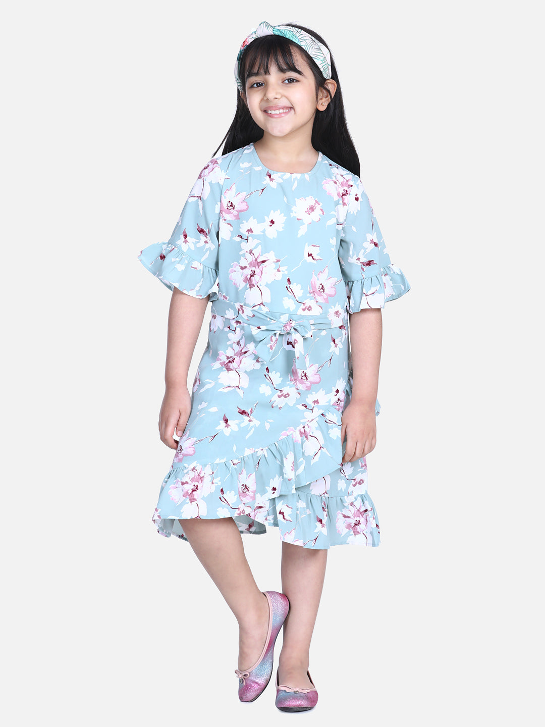 Girl's  Sky Blue Floral Print Bell Sleeve Dress - StyleStone Kid