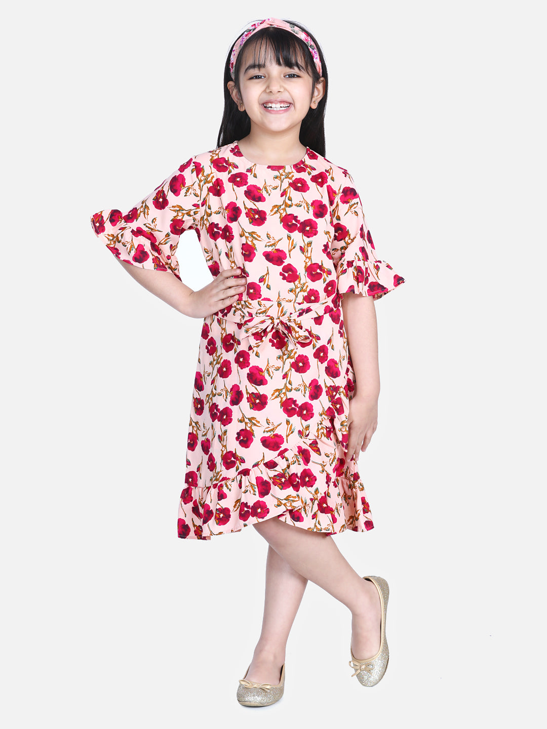 Girl's  Rose Print Floral Dress With Bell Sleeve - StyleStone Kid