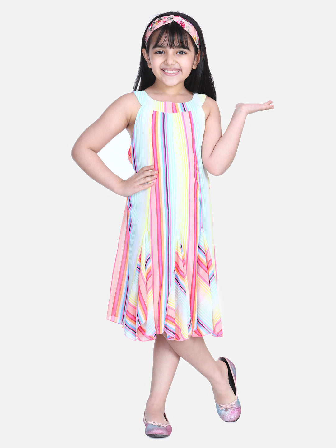 Girl's  Multi Colour Stripe Dress With Flap Detail - StyleStone Kid