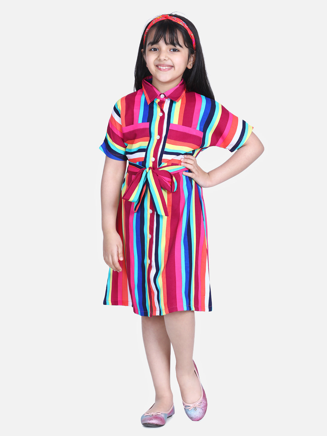 Girl's  Mutli Colour Stripe Dress With Belt - StyleStone Kid