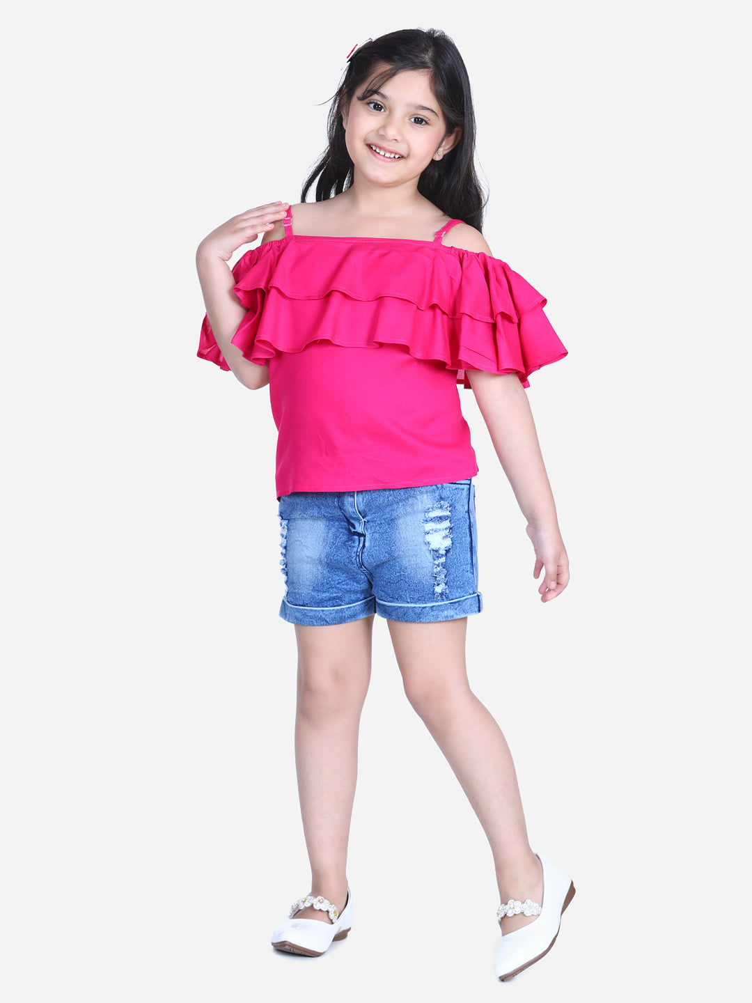 Girl's  Fuchsia Pink Cold Shoulder Top With Denim Shorts - StyleStone Kid