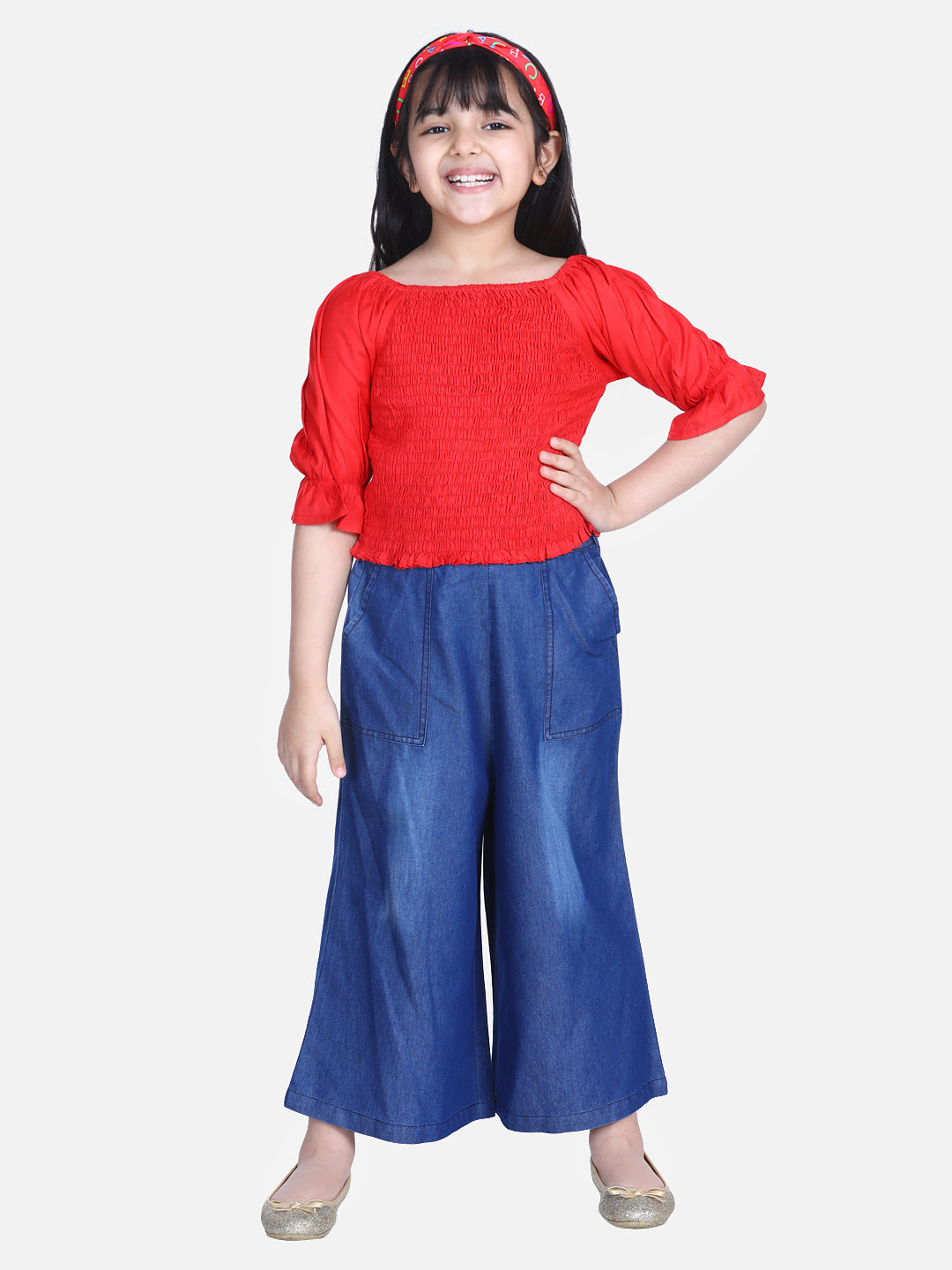 Girl's  Red Smocked Top With Denim Culottes - StyleStone Kid