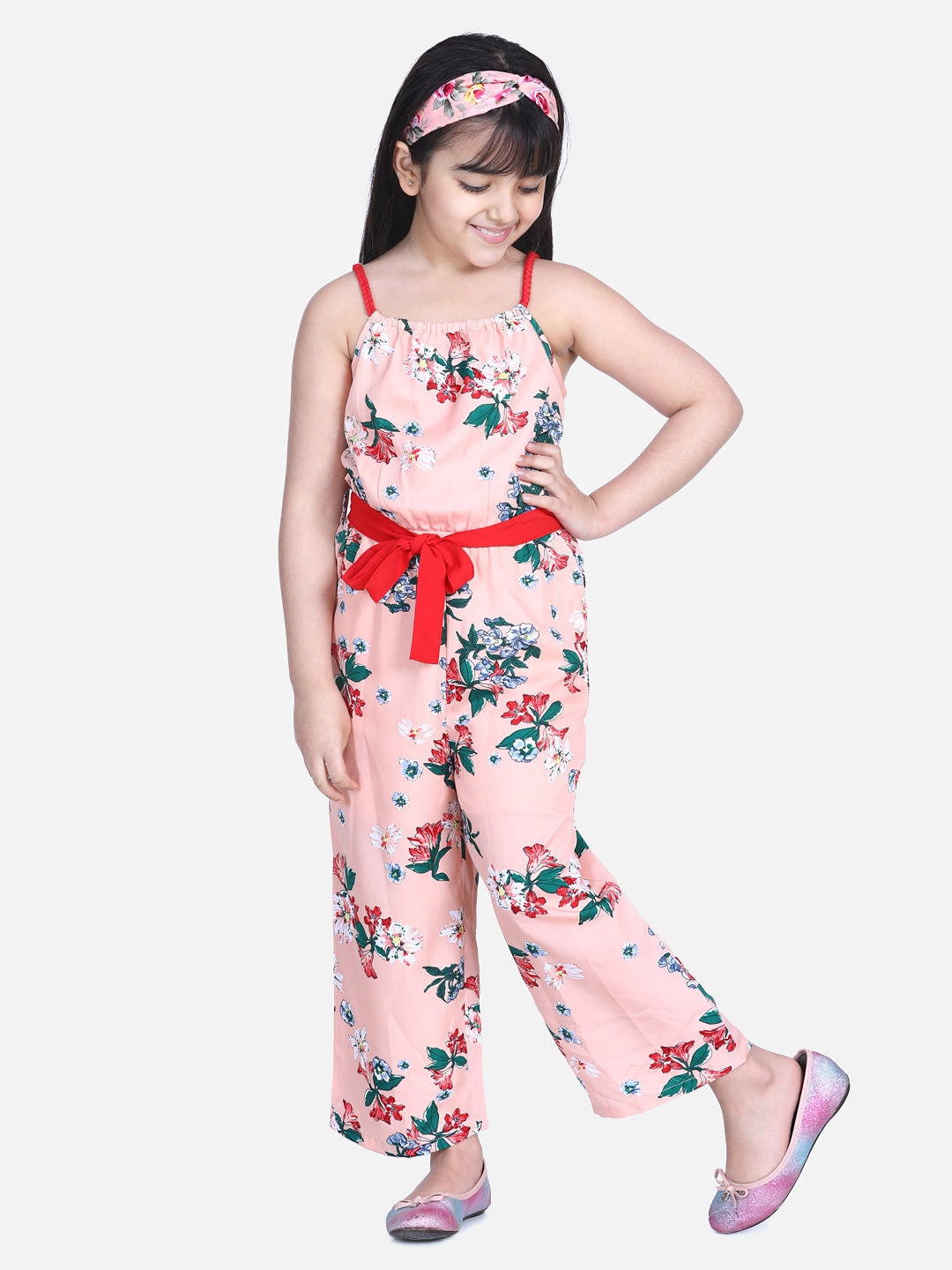 Girl's  Floral Print Jumpsuit With Braided Shoulder Straps - StyleStone Kid