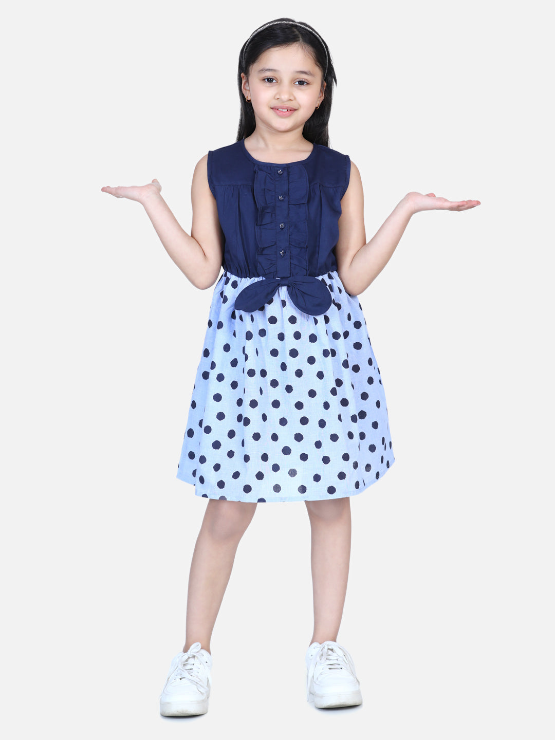 Girl's  Denim And Cotton Blue Polka Dress - StyleStone Kid