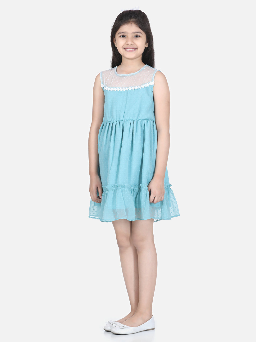 Girl's  Blue Polyester Self Design Dress With Net And Lace Inserts - StyleStone Kid