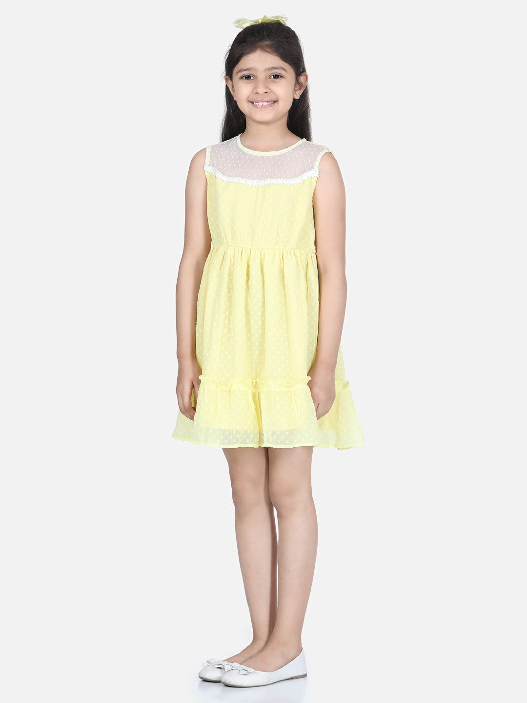 Girl's  Yellow Polyester Self Design Dress With Net And Lace Inserts - StyleStone Kid