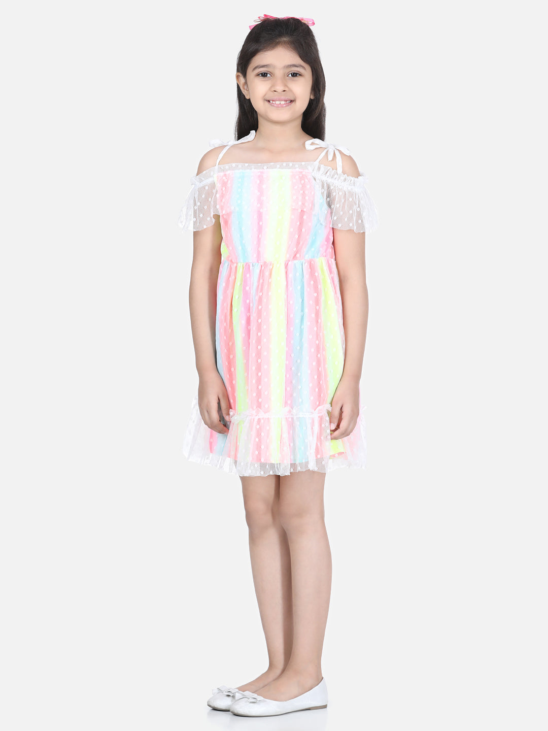 Girl's  Multi Coloured Cold Shoulder Dress With Lace Detail - StyleStone Kid