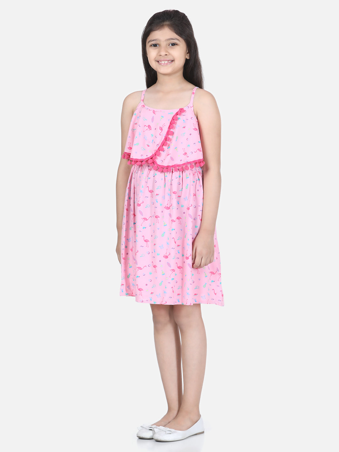 Girl's  Pink Flamingo Printed Dress With Pom Pom Details - StyleStone Kid