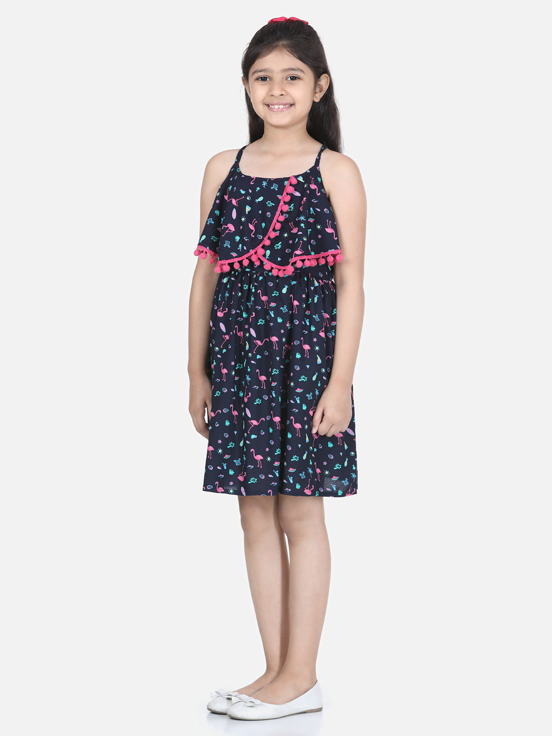 Girl's Black Flamingo Printed Dress With Pom Pom Details - StyleStone Kid