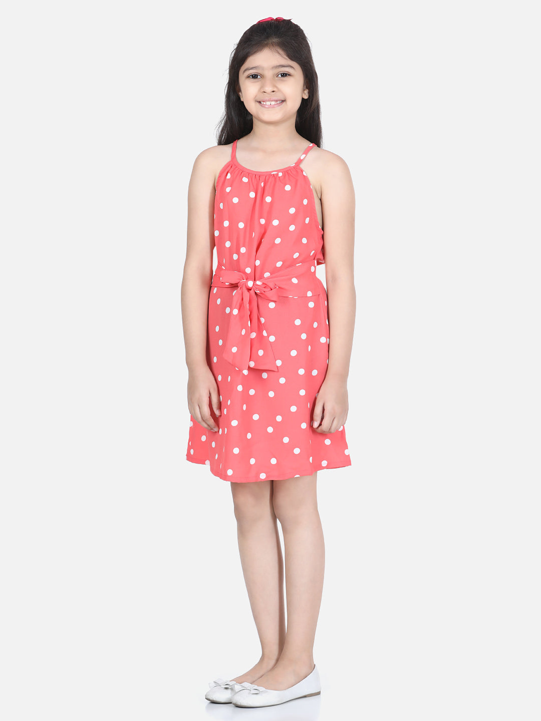 Girl's Coral Polka Front Tie Knot Dress - StyleStone Kid